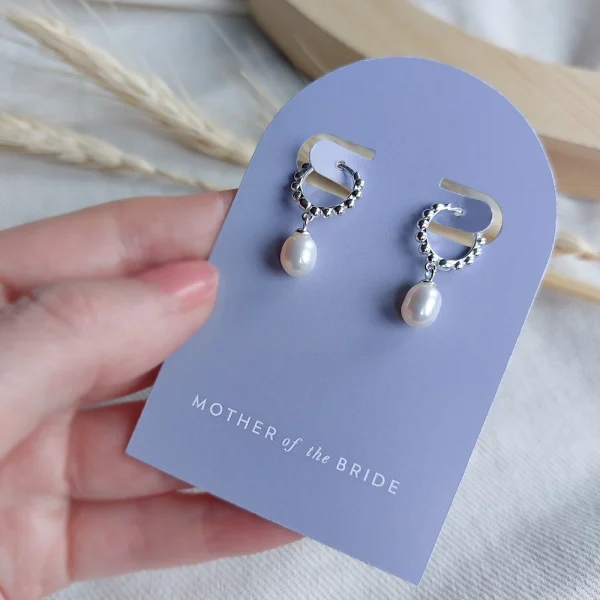 Mother of the Bride Earring Card Silver Pearl Drop Hoops